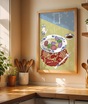Colorful dumplings and tea set on decorative mat