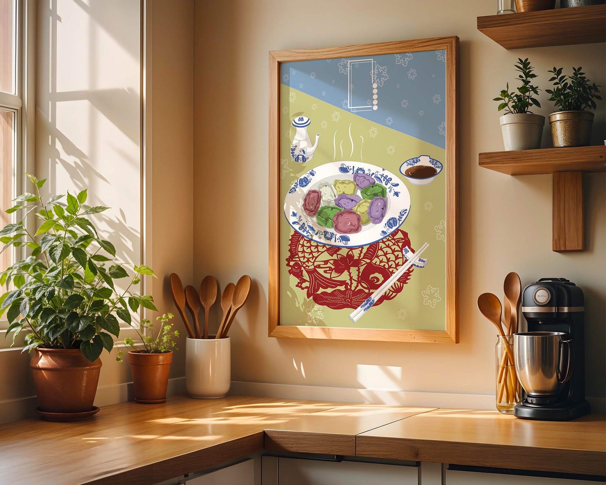 Colorful dumplings and tea set on decorative mat