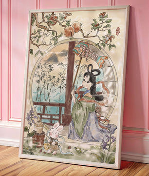 Peaceful Garden Scene with Girl and Rabbit