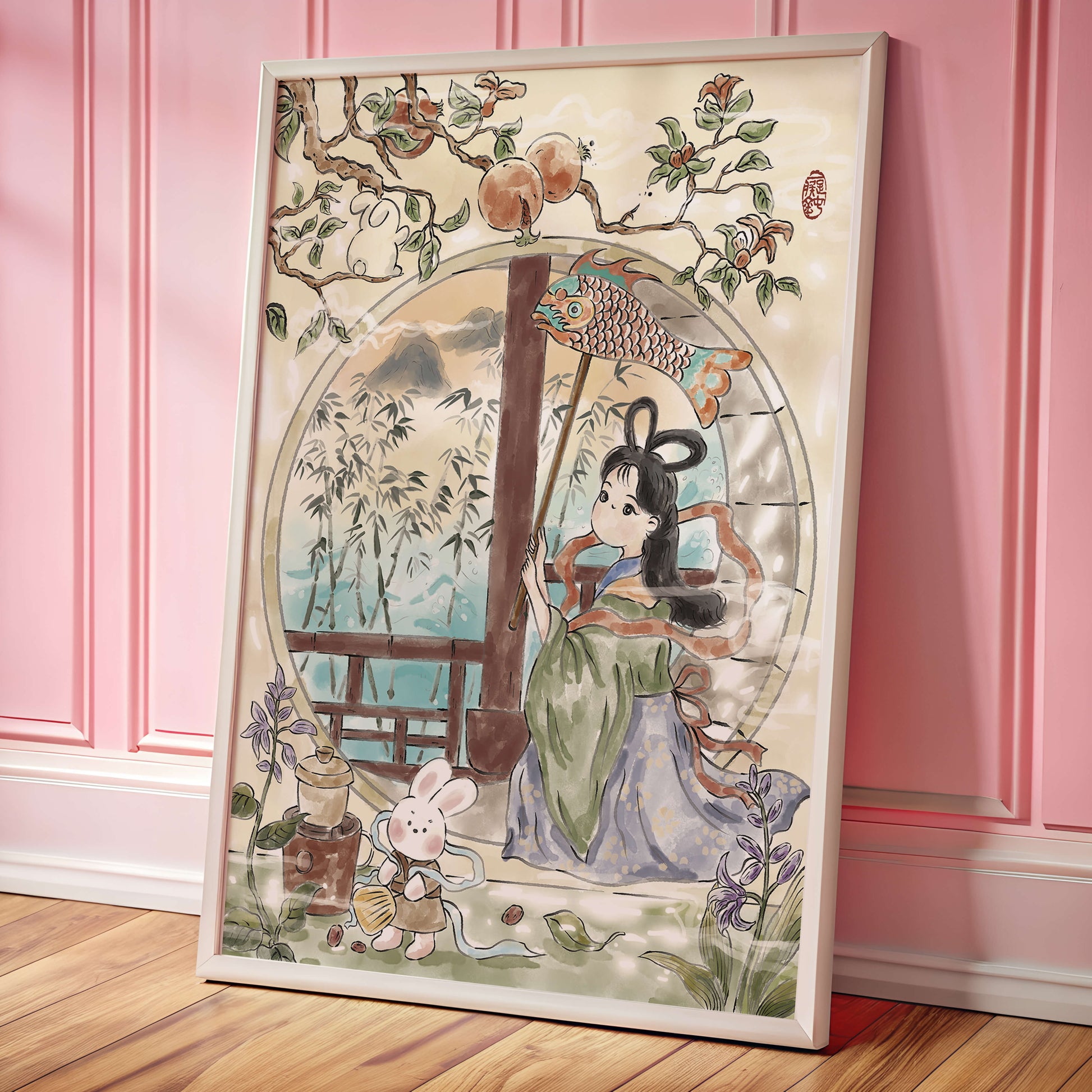 Escena de jardín tranquilo con una niña y un conejo