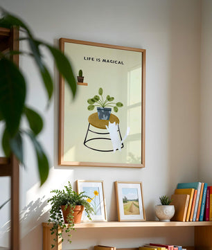 Ilustración encantadora de un gato con planta y mensaje inspirador