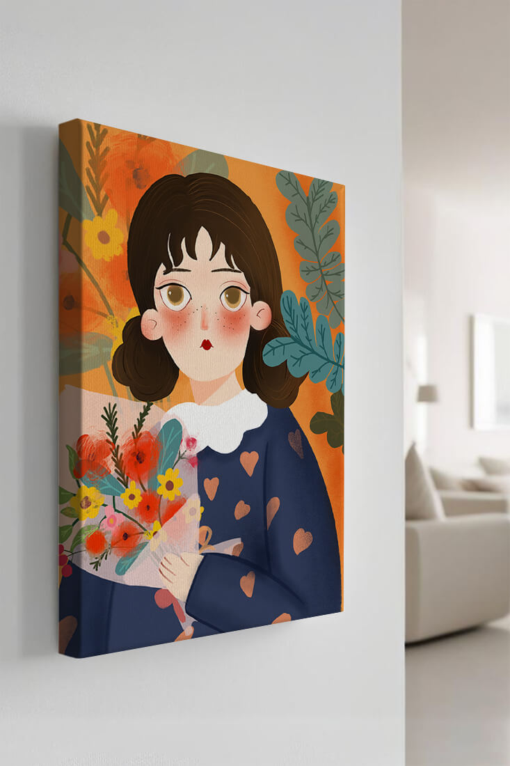 Ilustración colorida de una niña con flores rodeada de un fondo floral vibrante.
