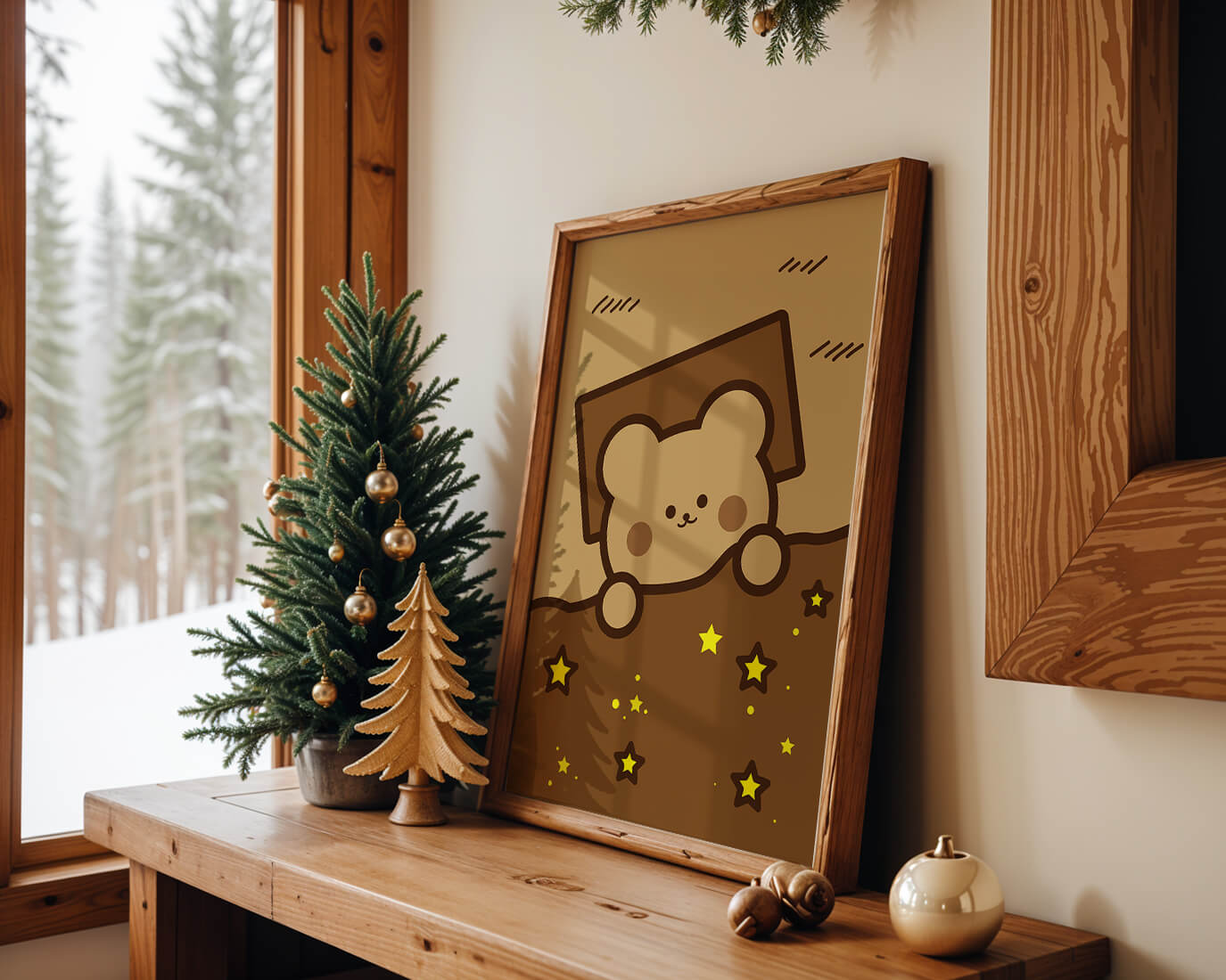 Adorable bear peeking out from a blanket with stars illustration
