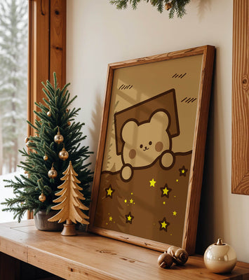 Adorable bear peeking out from a blanket with stars illustration