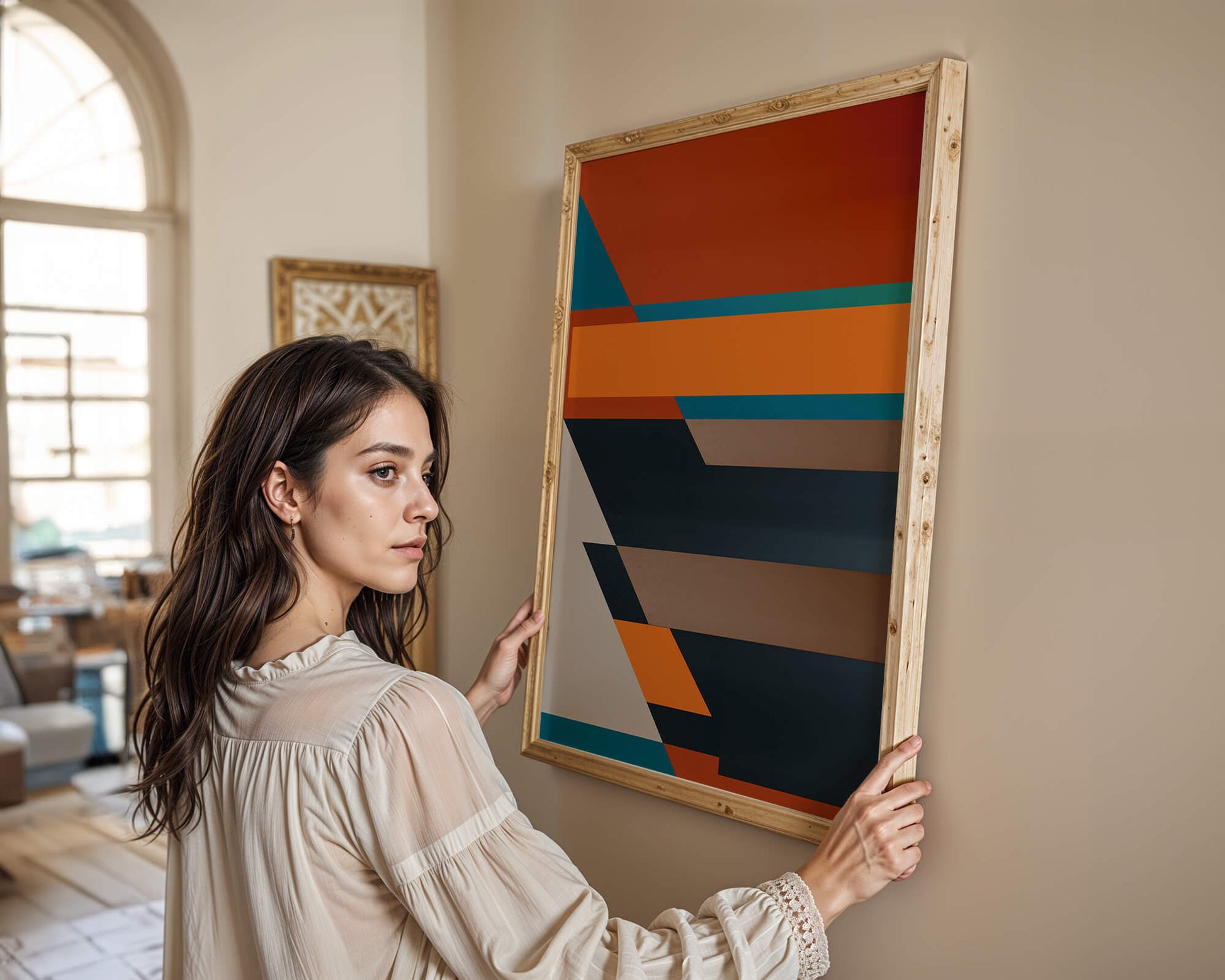 Arte abstracto geométrico con colores llamativos y formas dinámicas