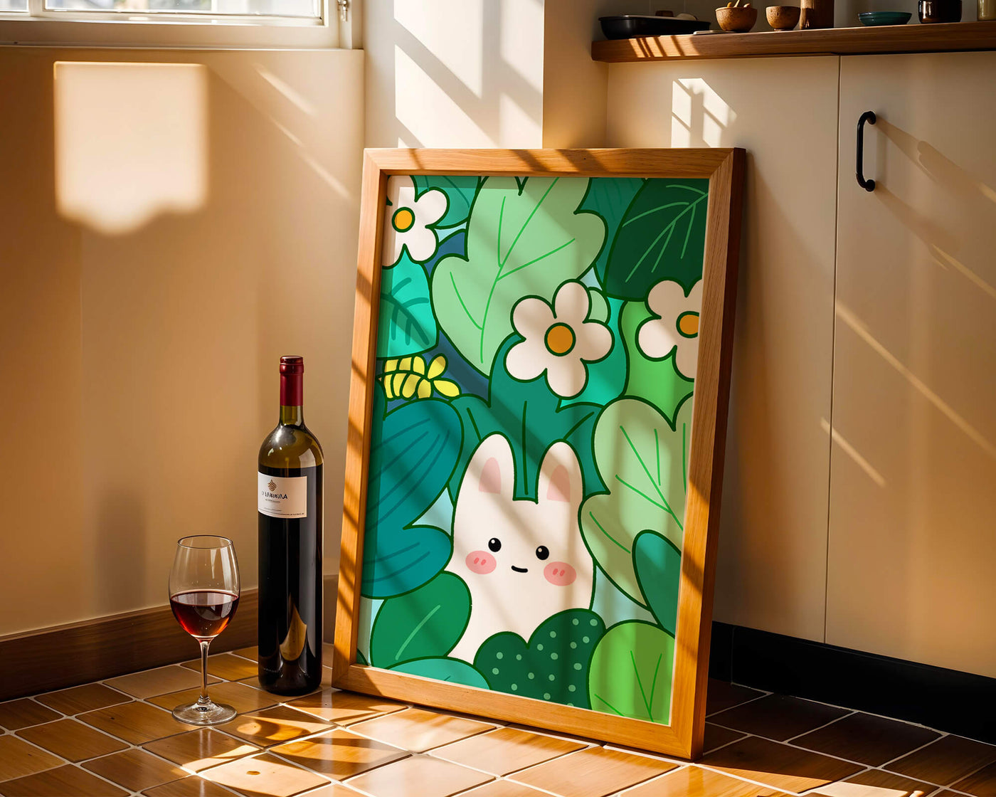 Illustration of a cute rabbit hidden among flowers and greenery
