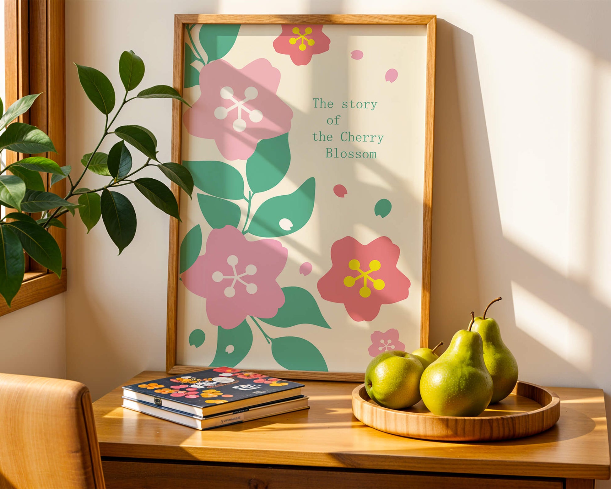 Floral illustration with cherry blossoms and green leaves