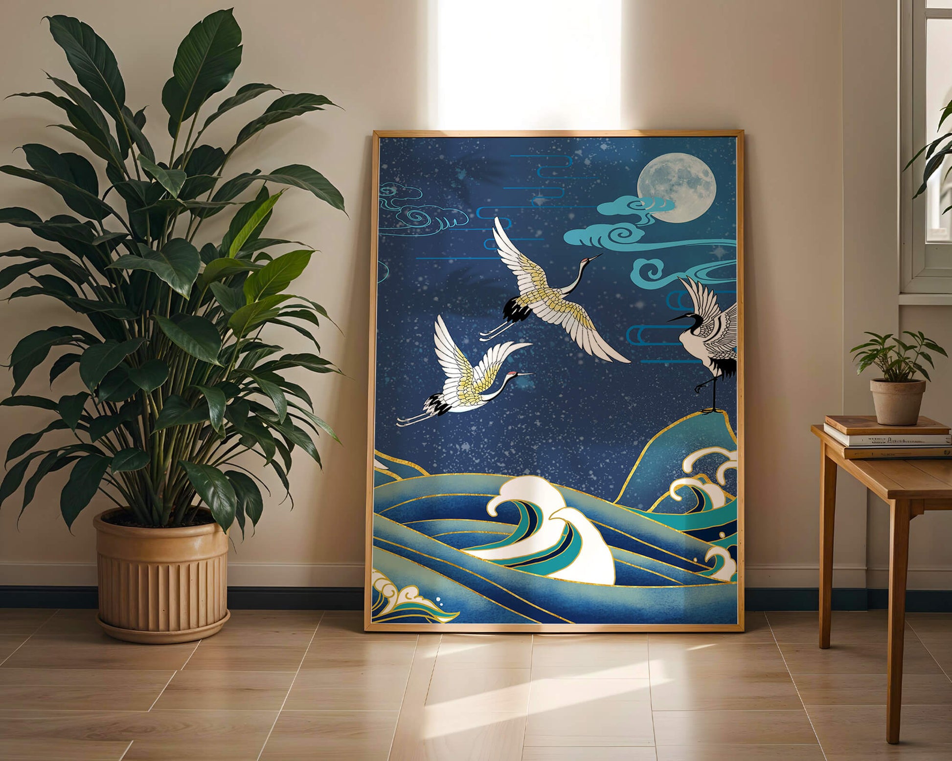 A Serene Night Scene with Cranes and Waves in Traditional Japanese Art Style