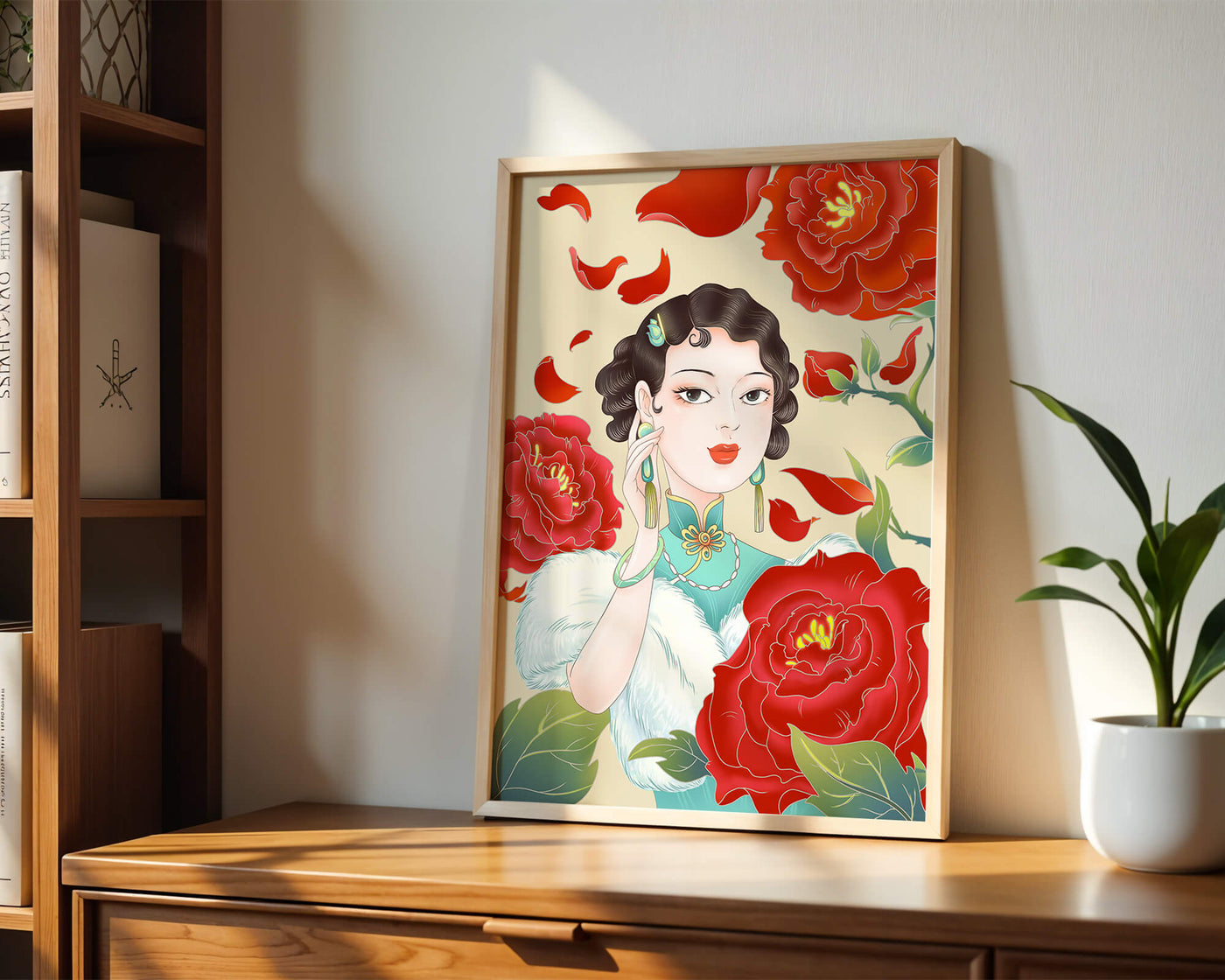 Elegant woman surrounded by vibrant red flowers and petals