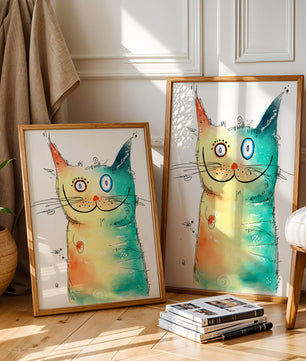 Illustration artistique de chat à l’aquarelle avec des couleurs vives