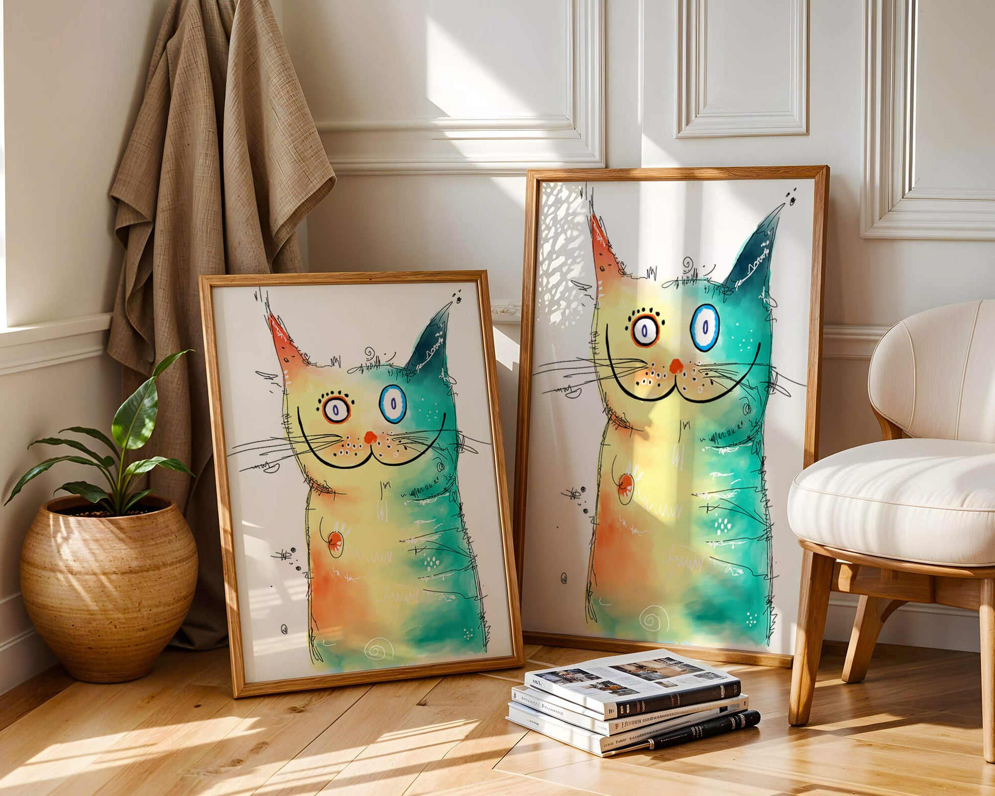 Artistic watercolor cat illustration with vibrant colors