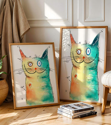 Artistic watercolor cat illustration with vibrant colors
