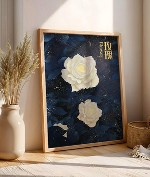 Elegant white roses on a celestial night background with deep blue leaves