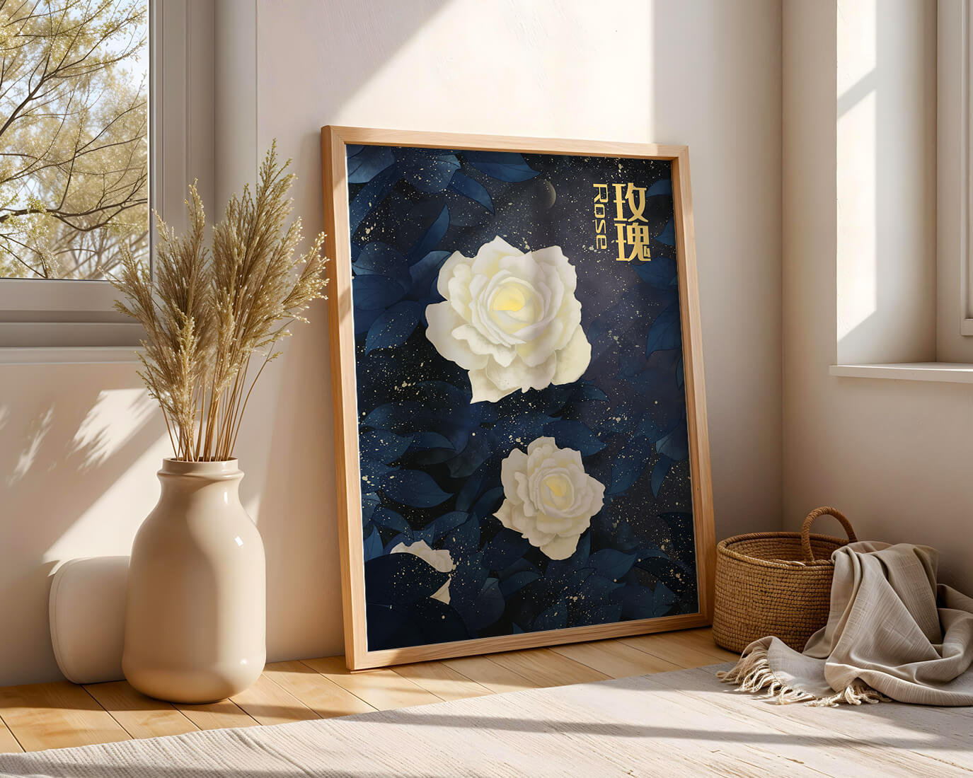 Elegant white roses on a celestial night background with deep blue leaves