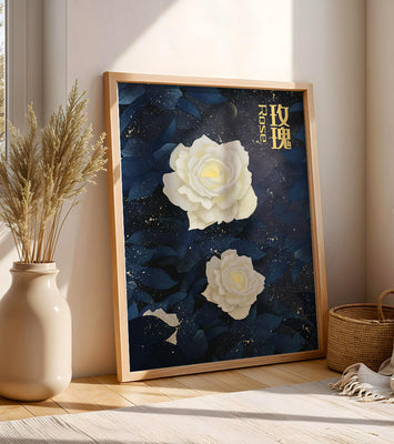 Elegant white roses on a celestial night background with deep blue leaves