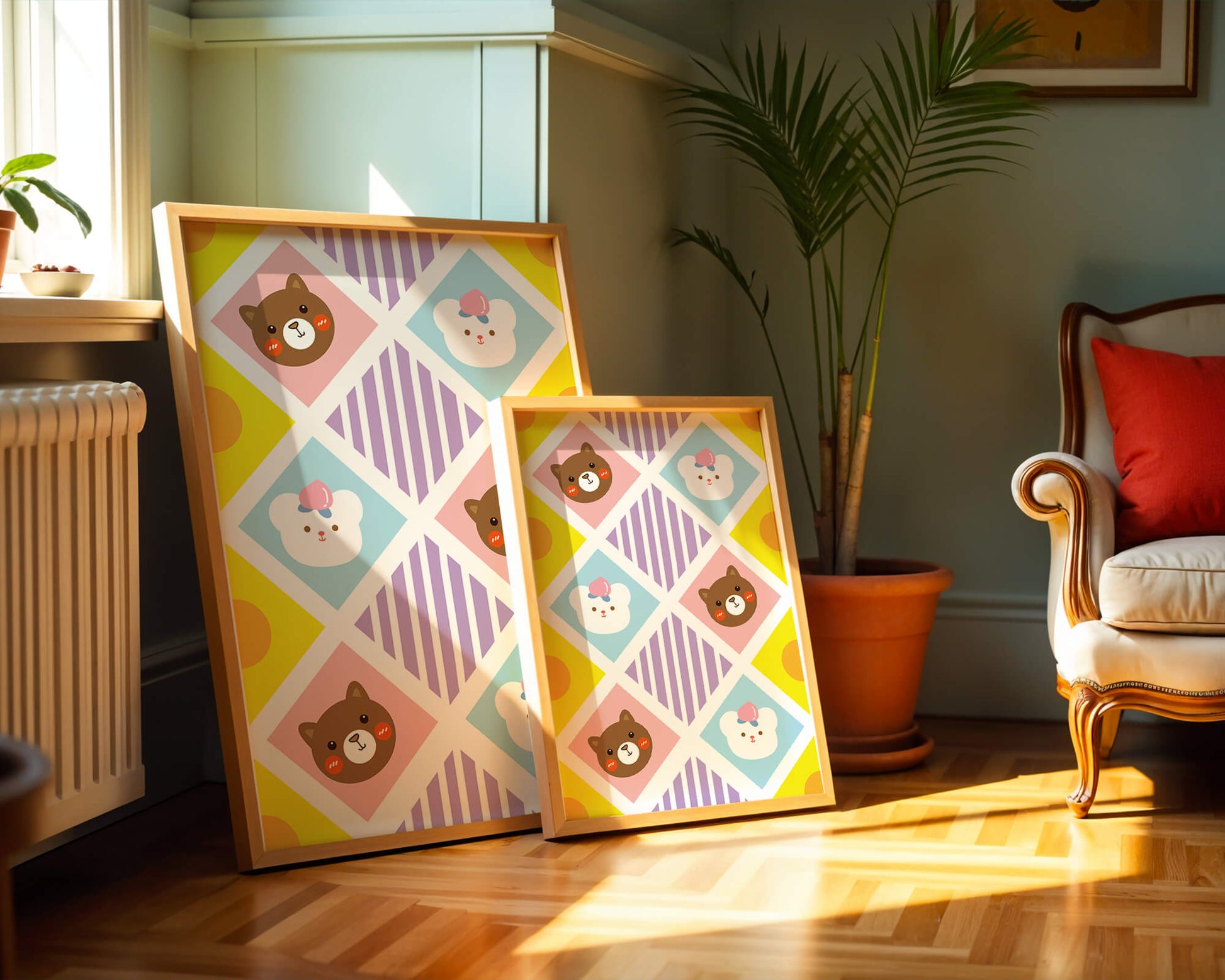 Playful geometric bear and colorful pattern for children's room decor