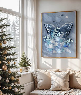 Elegant butterfly with blue floral arrangement artwork