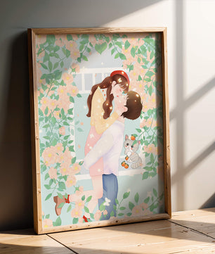 Romantic Kiss Amidst Blooming Flowers And Playful Cat