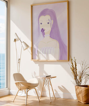 Ilustración de una mujer con cabello morado y mariposas