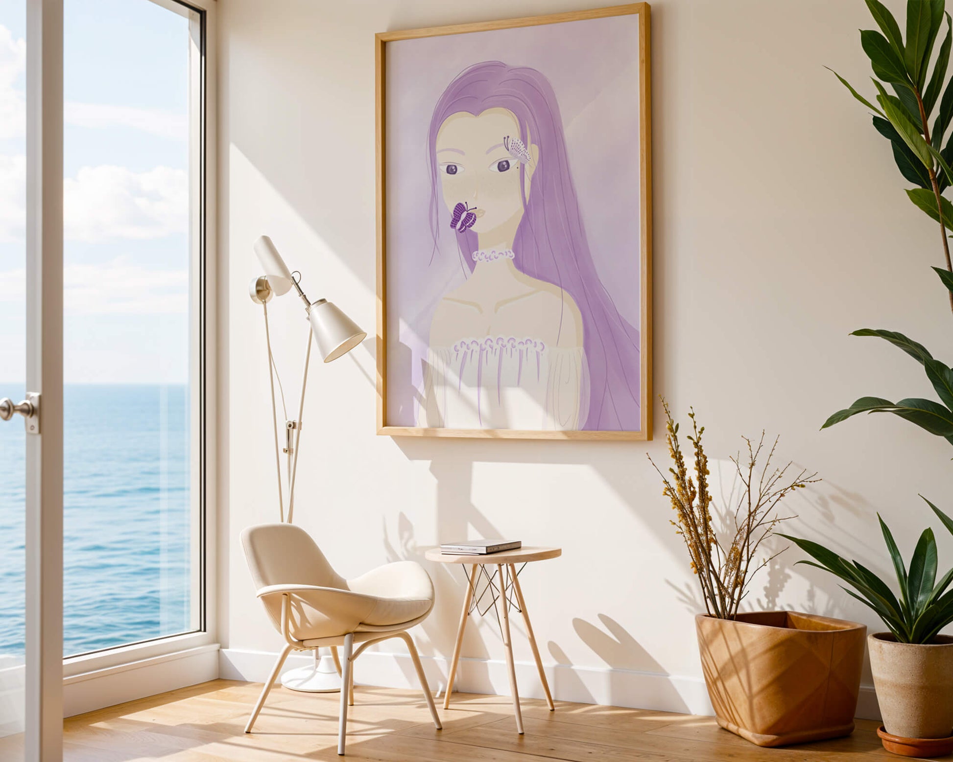 Illustration of a woman with purple hair and butterflies
