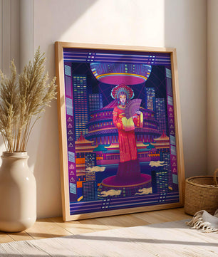 Futuristic Asian Inspired Artwork with Neon Colors and Geisha in Traditional Attire