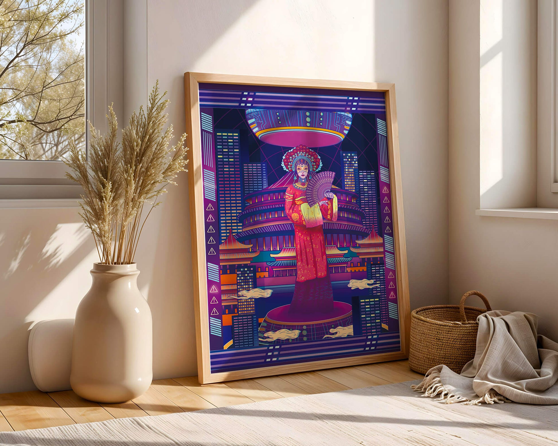 Futuristic Asian Inspired Artwork with Neon Colors and Geisha in Traditional Attire