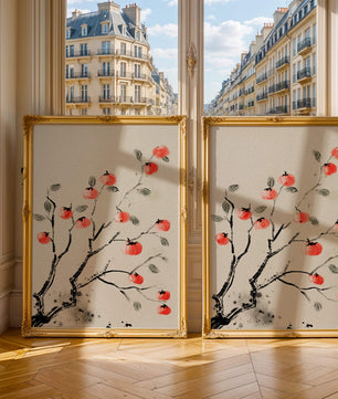 Elegant botanical illustration with vibrant red fruit on branches