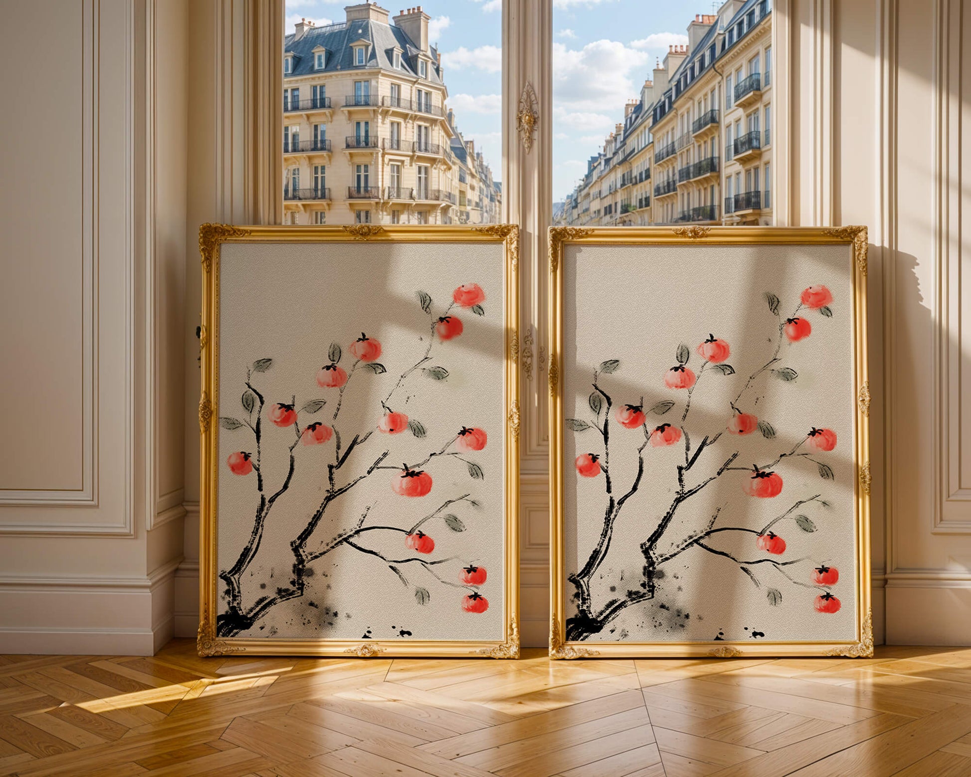Elegant botanical illustration with vibrant red fruit on branches