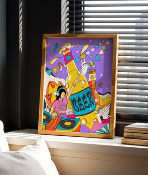 Vibrant Party Scene with DJ and Cartoon Characters
