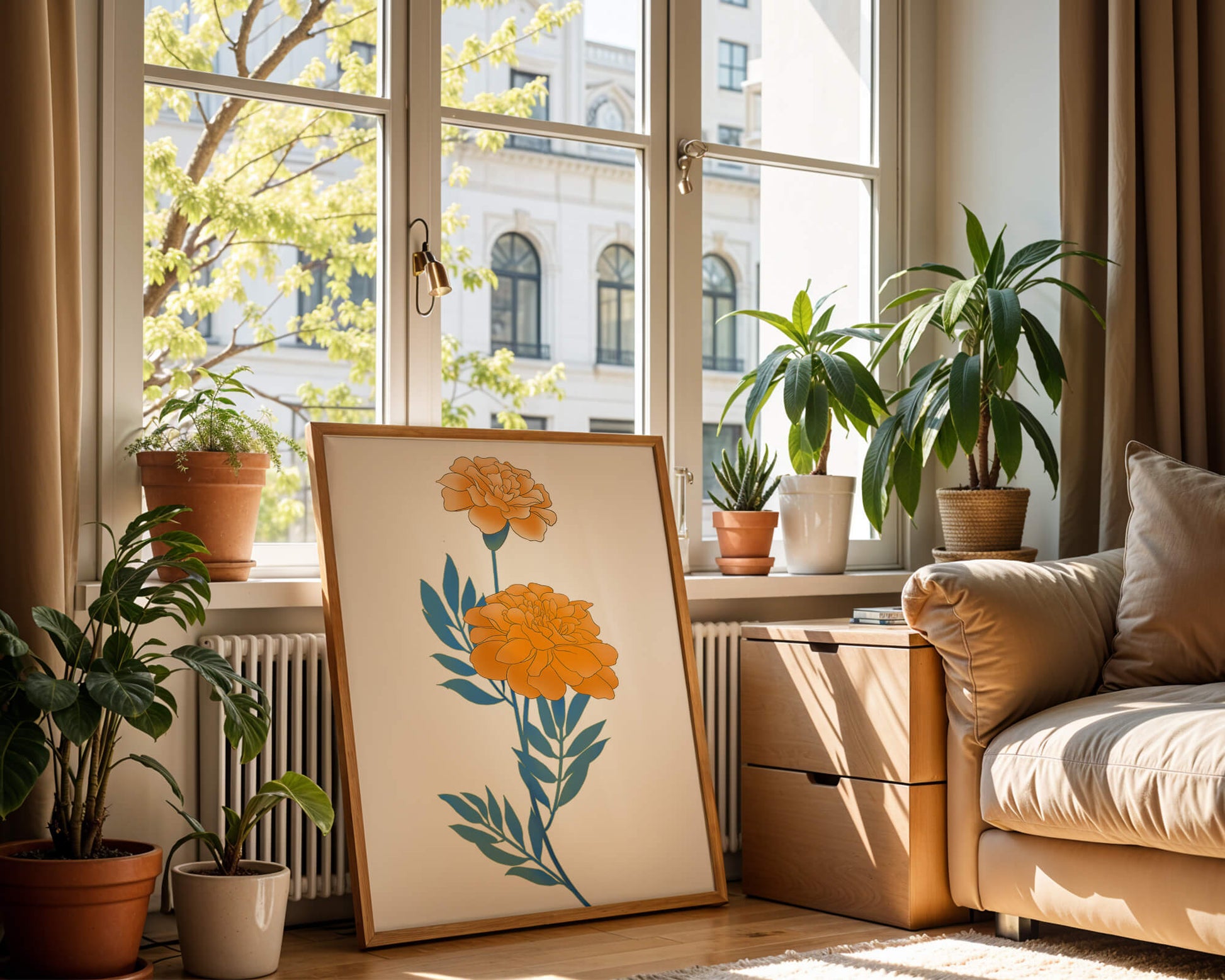 Elegante Illustration lebendiger Ringelblumen auf grünem Hintergrund