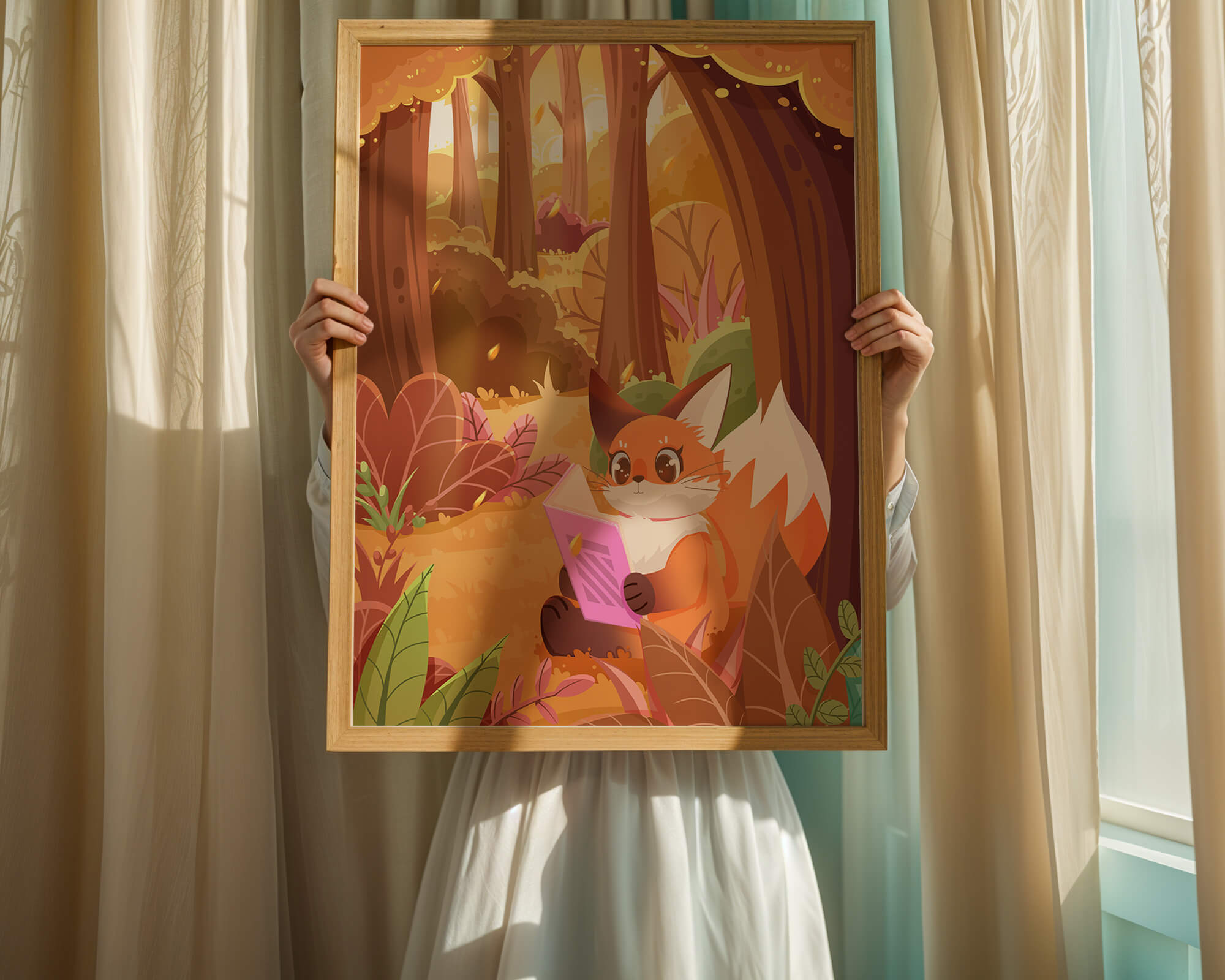 Fox reading a book in a whimsical autumn forest