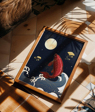 Ilustración artística de peces koi saltando sobre las olas bajo la luz de la luna
