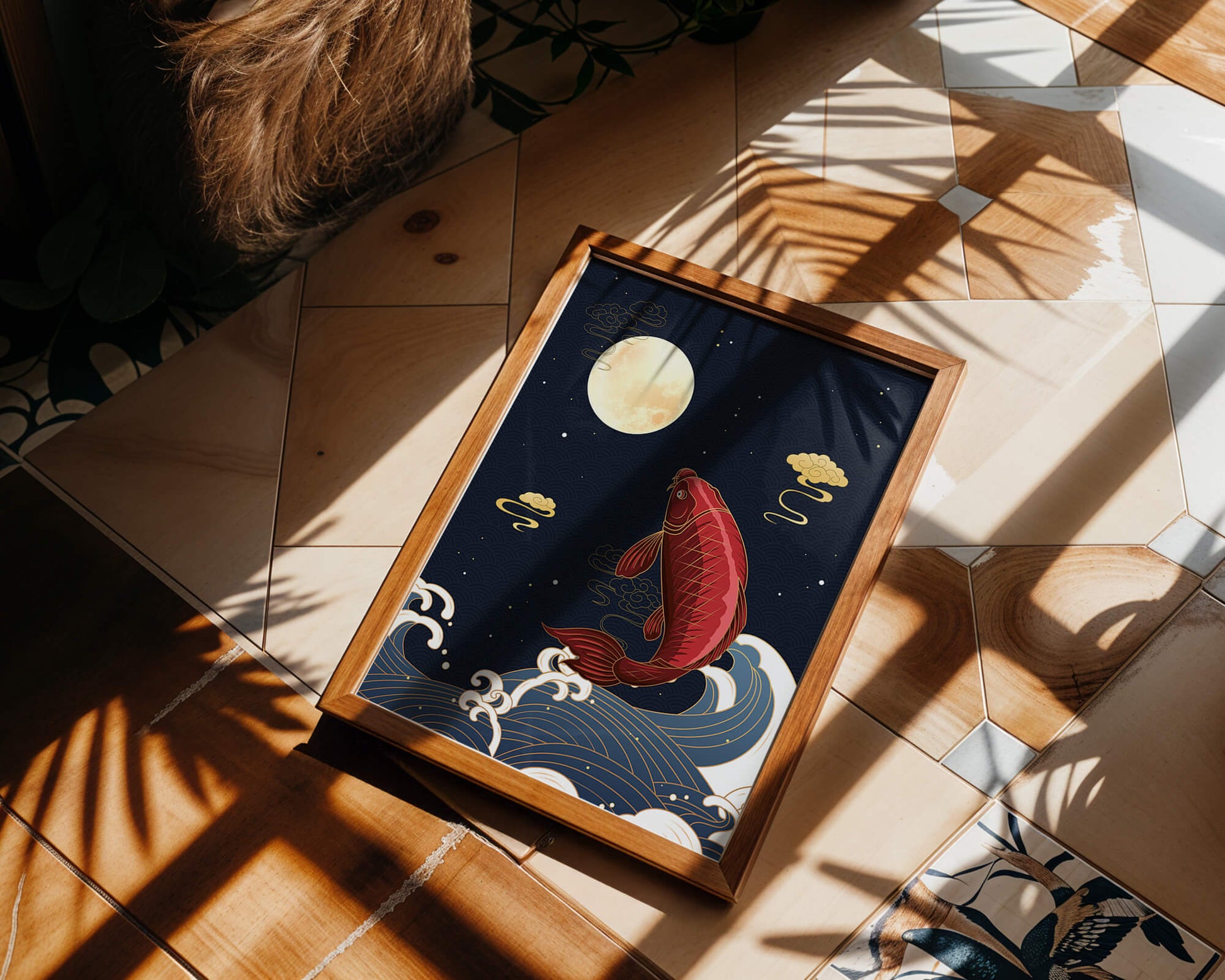 Artistic illustration of koi fish jumping over waves under moonlight