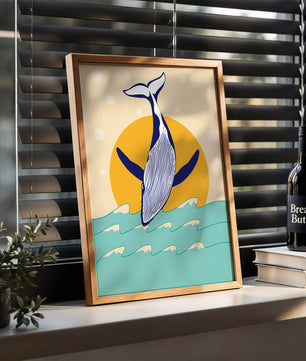Ilustración de una ballena saltando sobre las olas con un fondo de sol