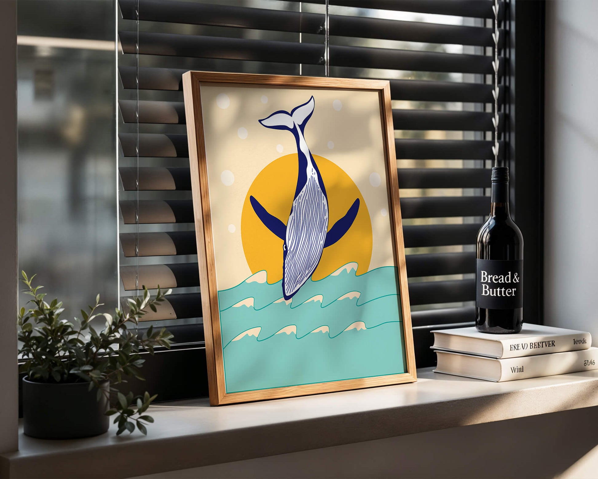 Illustration of a whale jumping over waves with sun backdrop