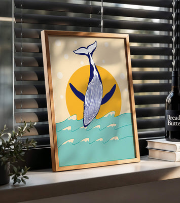 Illustration of a whale jumping over waves with sun backdrop