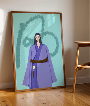 Personaje con atuendo tradicional sobre fondo texturizado