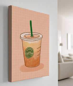Taza de café helado ilustrada sobre fondo de cuadrícula de melocotón