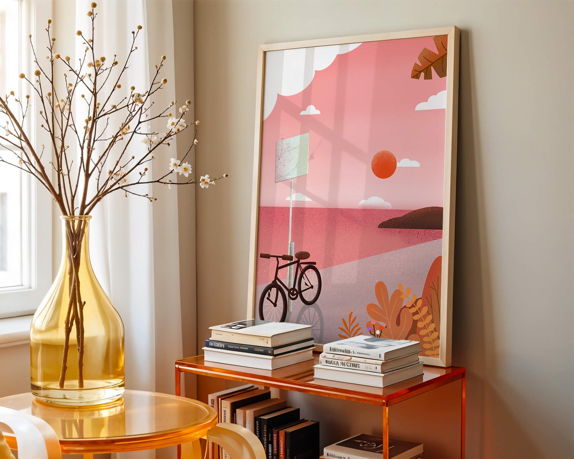 Serene sunset with bicycle by the sea in pastel colors