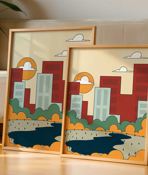 Cityscape At Sunset With Park And Lake