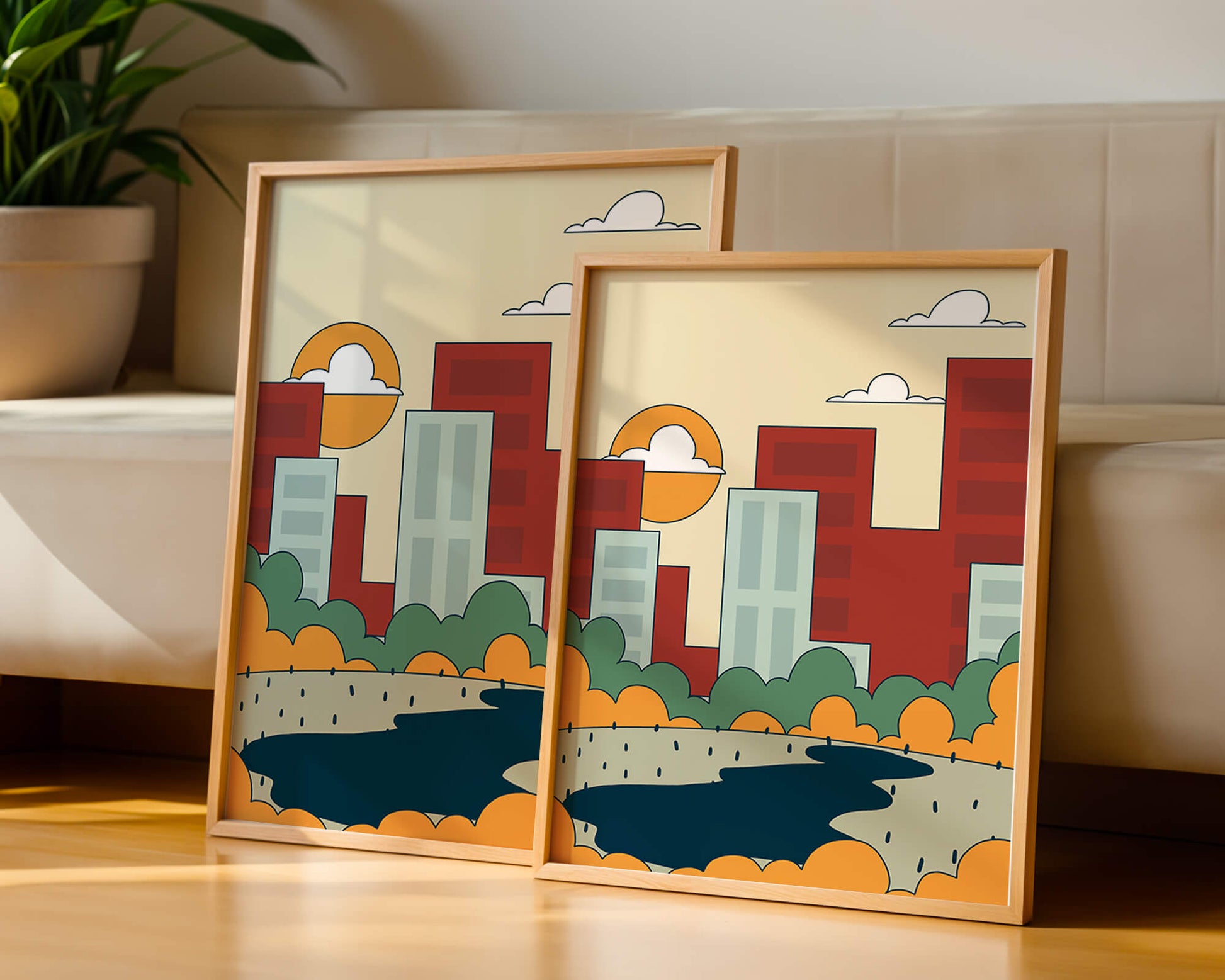 Cityscape At Sunset With Park And Lake