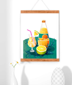 Ilustración colorida de bebidas cítricas con botella y vaso