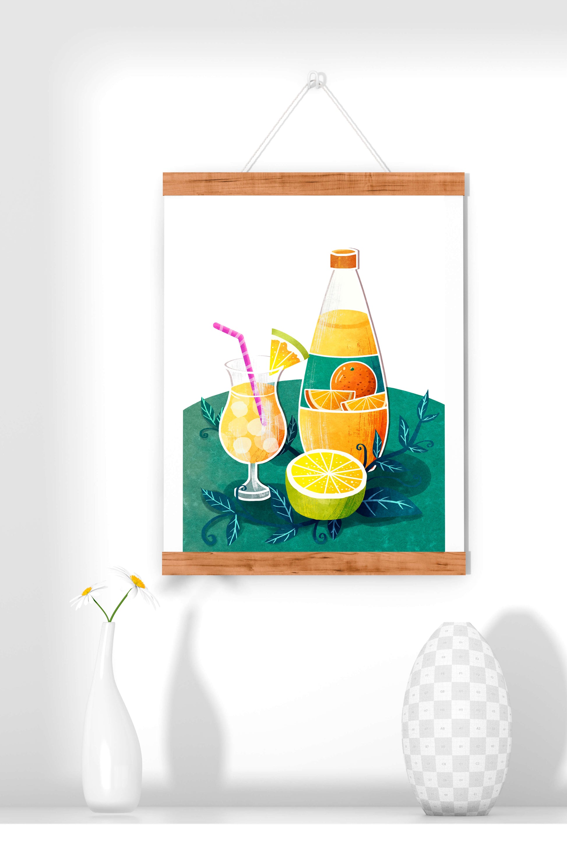Colorful illustration of citrus drinks with bottle and glass