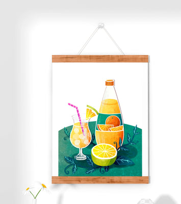 Colorful illustration of citrus drinks with bottle and glass