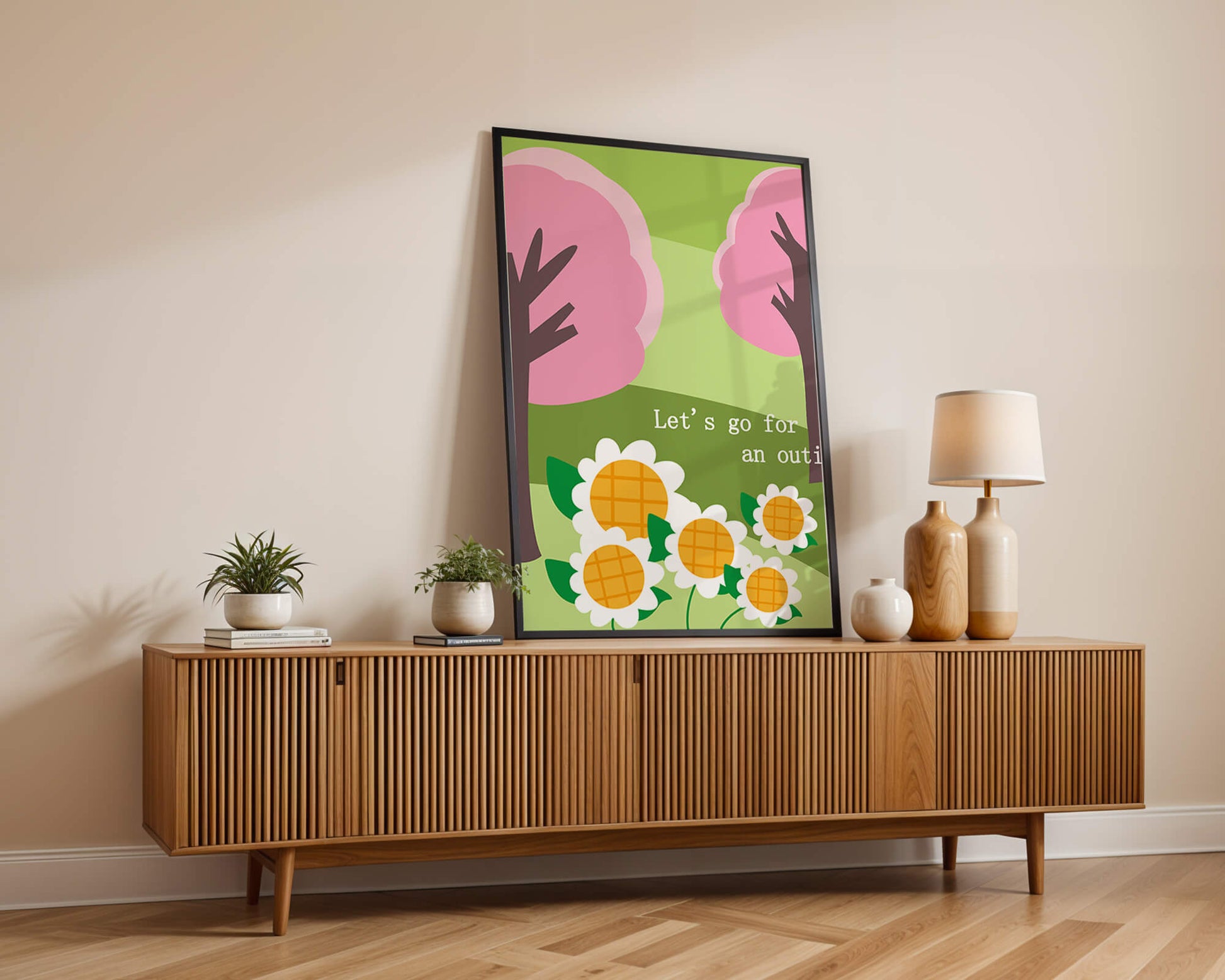 Charming spring landscape with pink trees and daisies