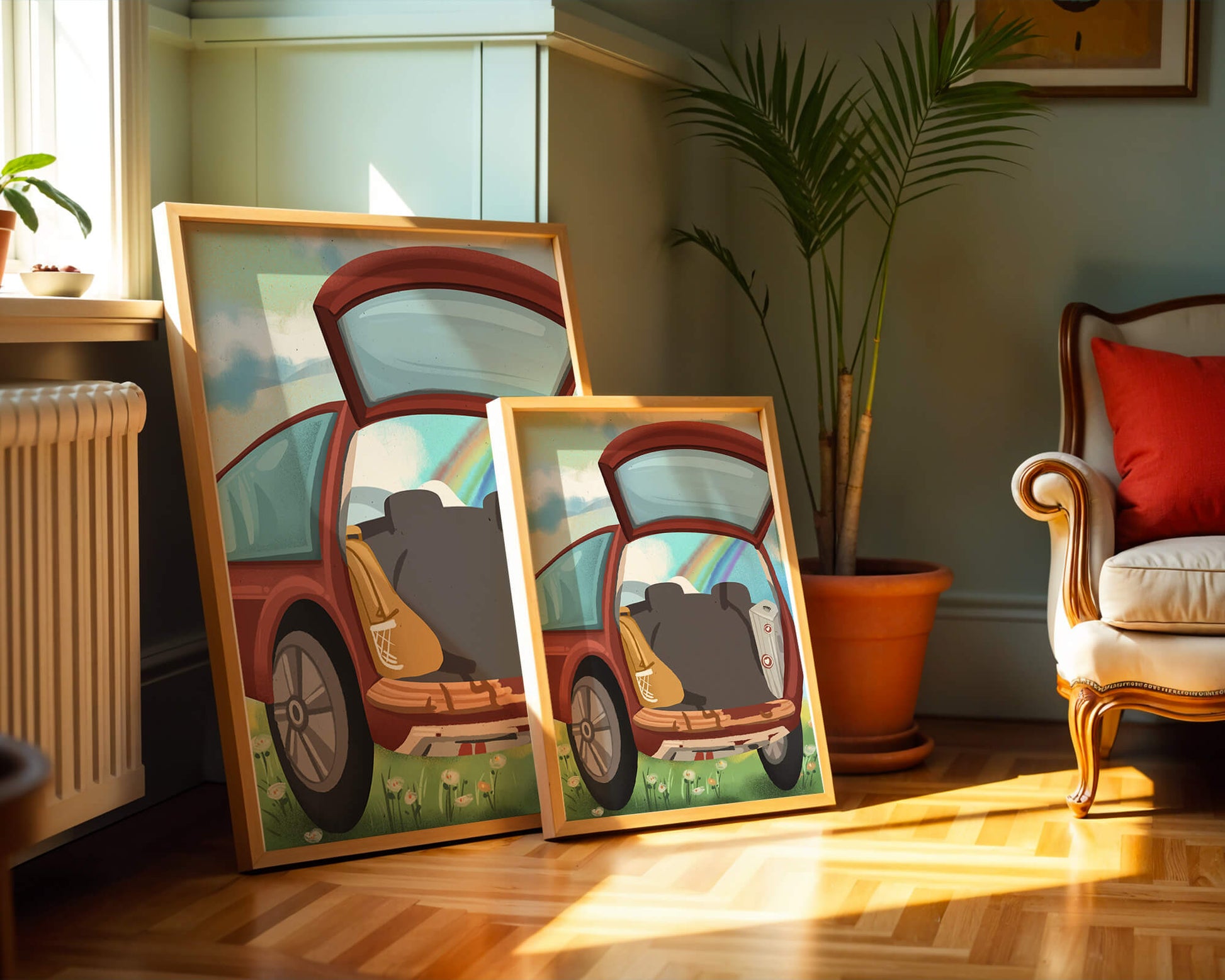 Car Trunk with Picnic Items and Rainbow in Background