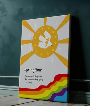 Colorful springtime illustration with dove and rainbow