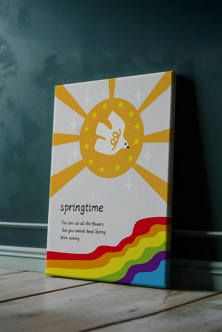 Colorful springtime illustration with dove and rainbow