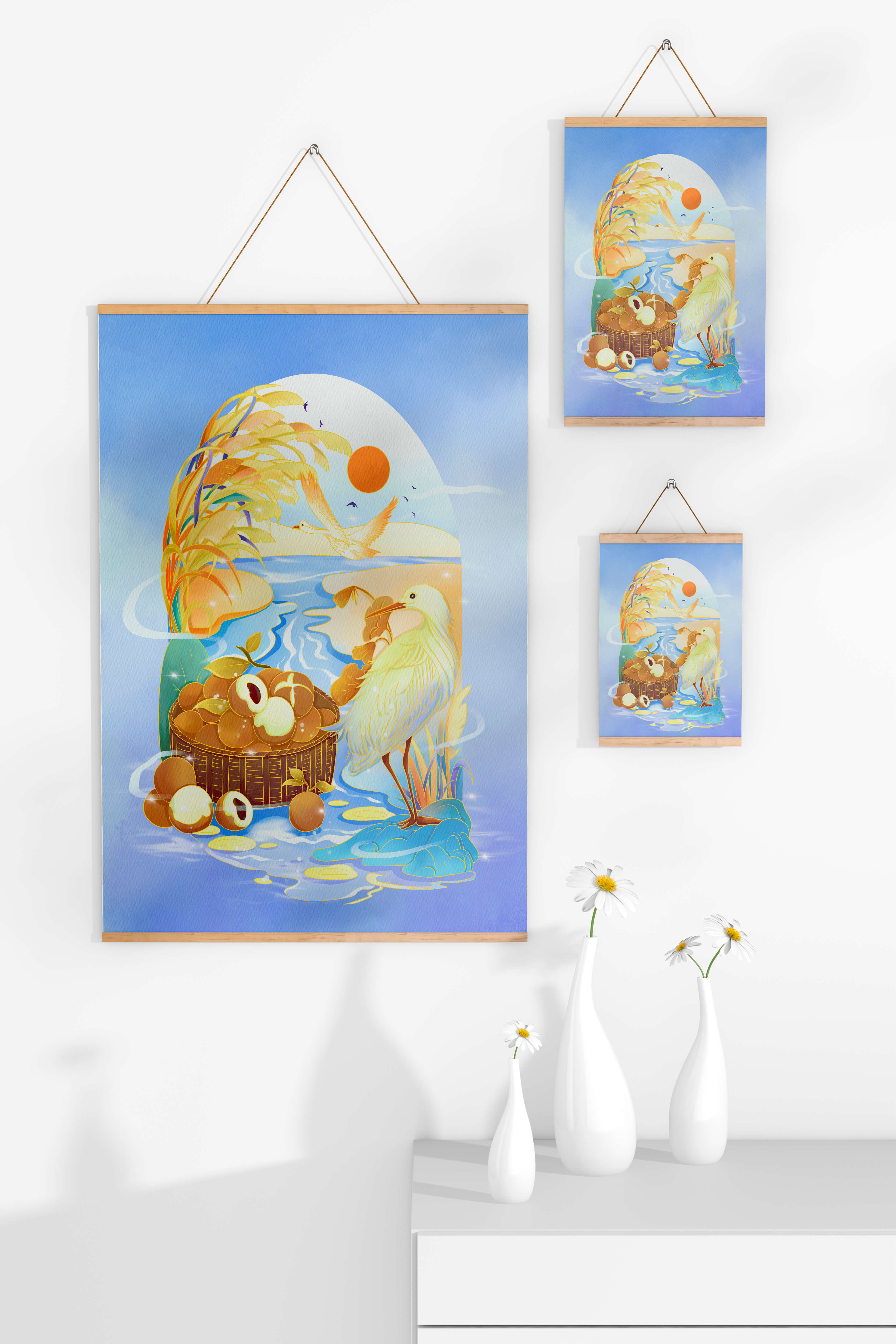 Serene landscape with a bird, fruit basket, and golden reeds under a bright sun