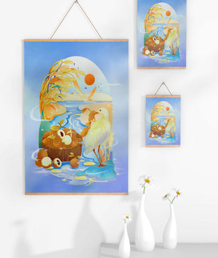 Serene landscape with a bird, fruit basket, and golden reeds under a bright sun